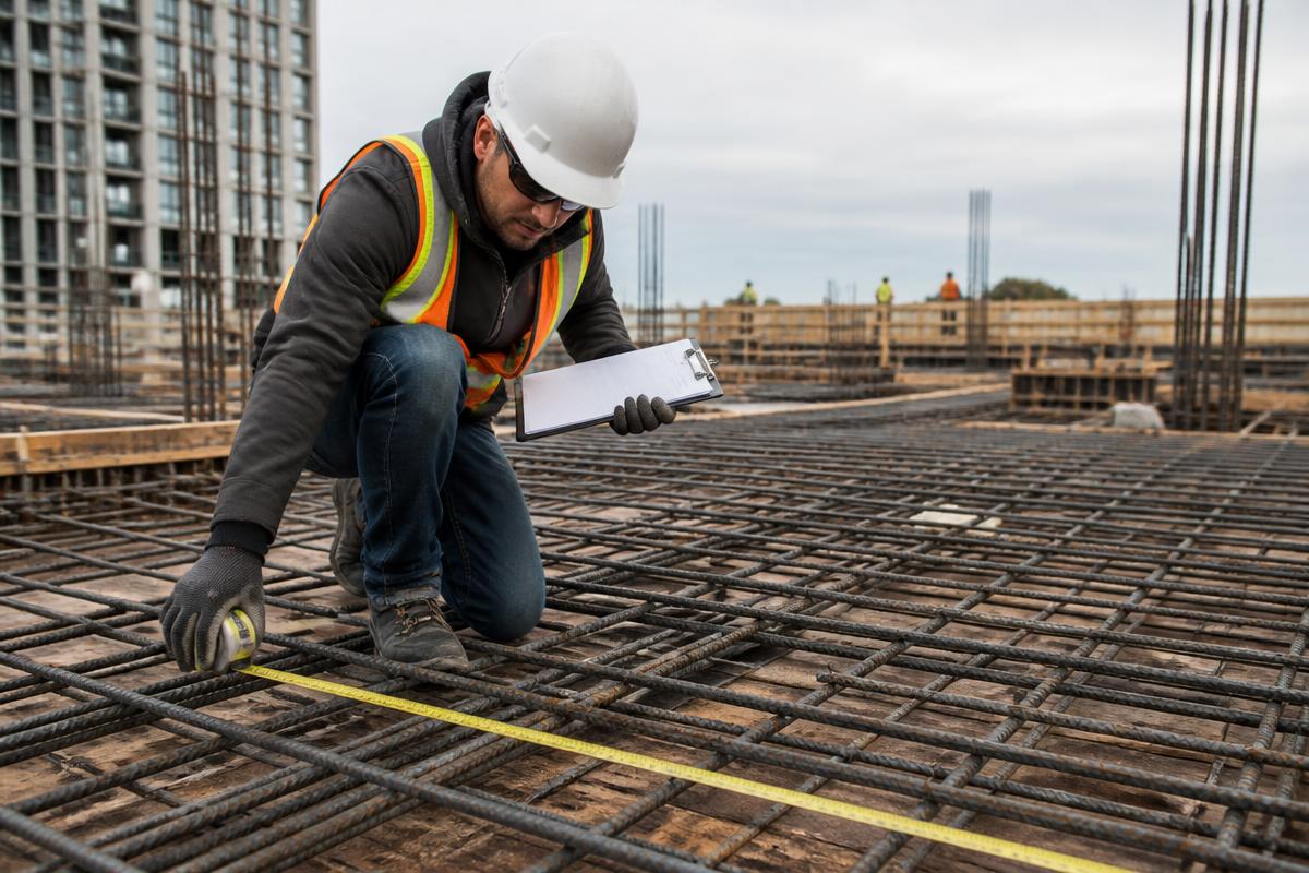 Special inspector measuring rebar placement before a concrete pour